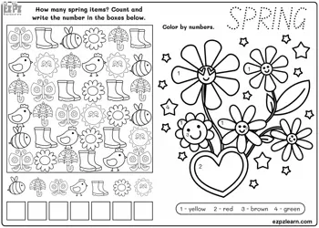 Spring color by numbers. I spy find, count and color activity. Free PDF download.